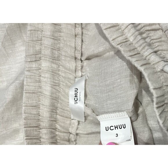 UCHUU Women's High Rise Wide Leg Drawstring Linen Pants Cropped Khaki SZ M - Picture 6 of 8